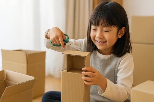 廃材で工作遊びをする女の子 廃材で工作遊びをする女の子の写真