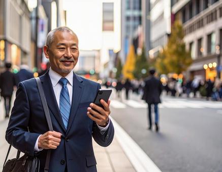 オフィス街でスマホを操作するサラリーマン オフィス街でスマホを操作するサラリーマンの写真