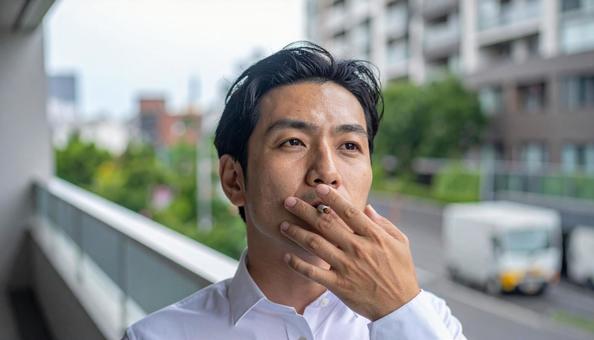 マンションのベランダでタバコを吸う男性 マンションのベランダでタバコを吸う男性の写真