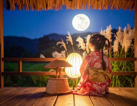 七夕の夜、月を見上げる浴衣の少女 七夕の夜、月を見上げる浴衣の少女の写真