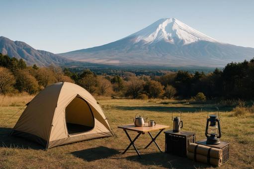 山を背景にしたキャンプ場 山を背景にしたキャンプ場の写真