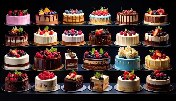 たくさんのデコレーションケーキの写真