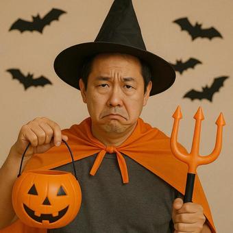 ハロウィンに嫌々参加するお父さん ハロウィンに嫌々参加するお父さんの写真
