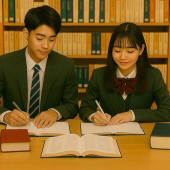 図書館で並んで勉強中 図書館で並んで勉強中の写真