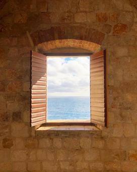 View the Adriatic Sea from the window of Dubrovnik, Croatia, okno, ramka do zdjęć, kamień, JPG