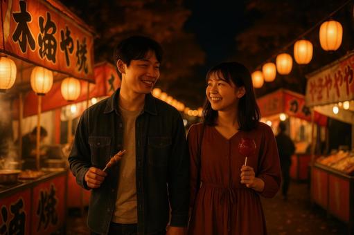 秋祭りを歩く若いカップル 秋祭りを歩く若いカップルの写真