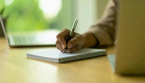 メモをとりながらパソコンを使う女性の手元の写真