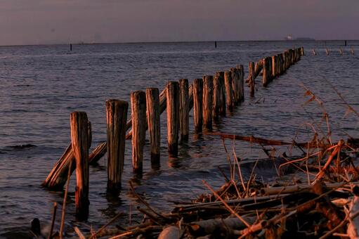 久津間海岸 夕陽,夕焼け雲,夕焼け空の写真素材
