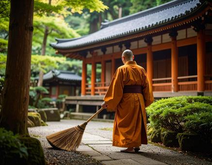 境内の掃除をする僧侶の写真