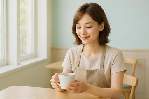 休憩する店員 休憩する店員の写真