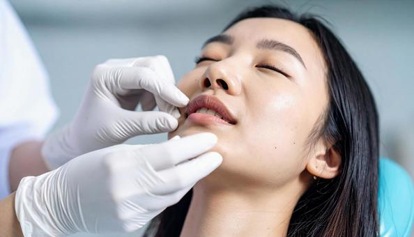 歯医者で患者の歯肉を指で歯肉マッサージの写真