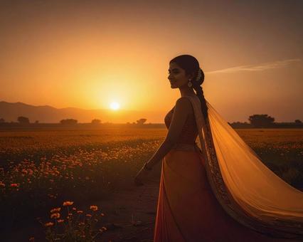 夕日に見る女性 夕日に見る女性の写真