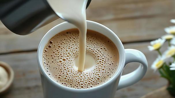 ココア・カフェオレのマグにミルクを注ぐ ココア・カフェオレのマグにミルクを注ぐの写真