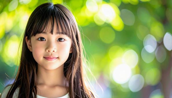 木漏れ日の緑の背景 少女のポートレート 木漏れ日の緑の背景 少女のポートレートの写真