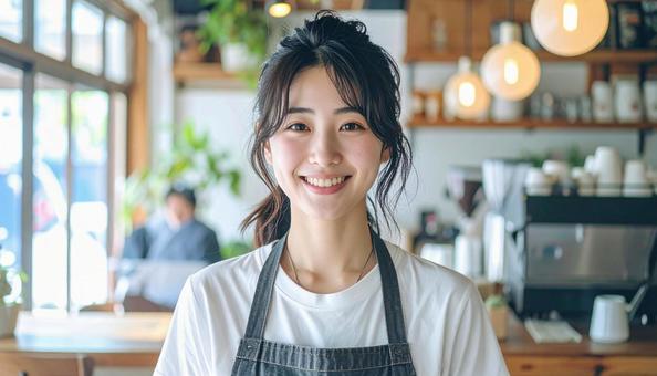 カフェで働く女性 カフェで働く女性の写真