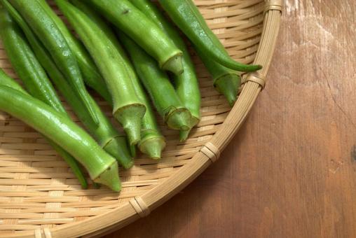 ザルにのせた新鮮なオクラ ザルにのせた新鮮なオクラ オクラ,野菜,生の写真素材