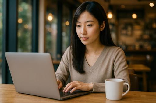 カフェでリモートワークする女性 カフェでリモートワークする女性の写真