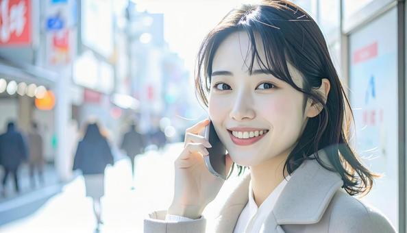 笑顔で電話する若者 笑顔で電話する若者の写真
