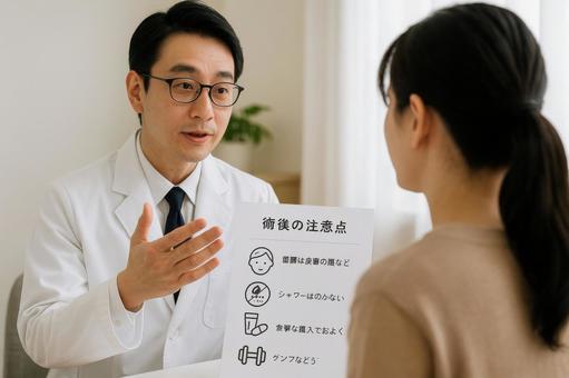 術後の注意点を説明する医師 術後の注意点を説明する医師の写真