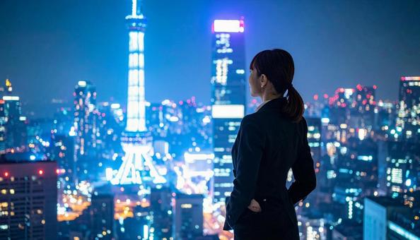 都市の夜景を背景に佇むビジネスマン 都市の夜景を背景に佇むビジネスマンの写真