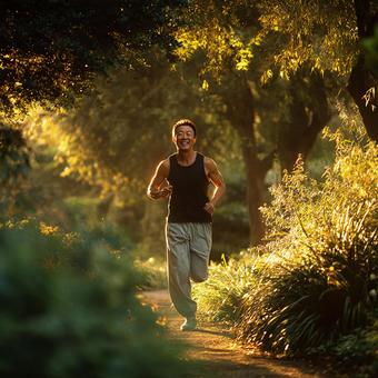 笑顔でジョギングする男性 笑顔でジョギングする男性の写真