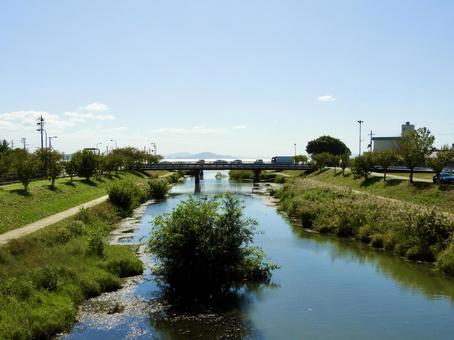 九反田橋上から望む長浜新川 長浜新川,長浜市,河川の写真素材