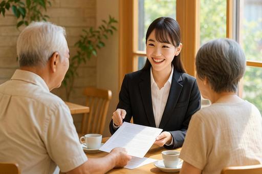高齢夫婦に説明する女性営業担当・顧客満足の写真