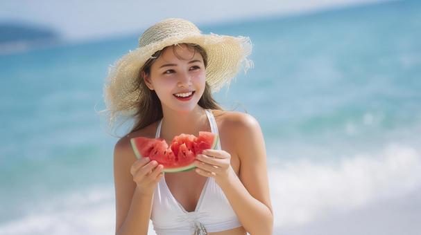 夏に麦わら帽子の女性がスイカを食べている 夏に麦わら帽子の女性がスイカを食べているの写真
