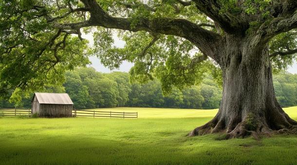 Landscape of big tree and old hut, meadow, sunlight filtering through the trees, large tree, dry, branch, JPG