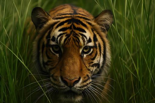 凝視するトラ正面の写真