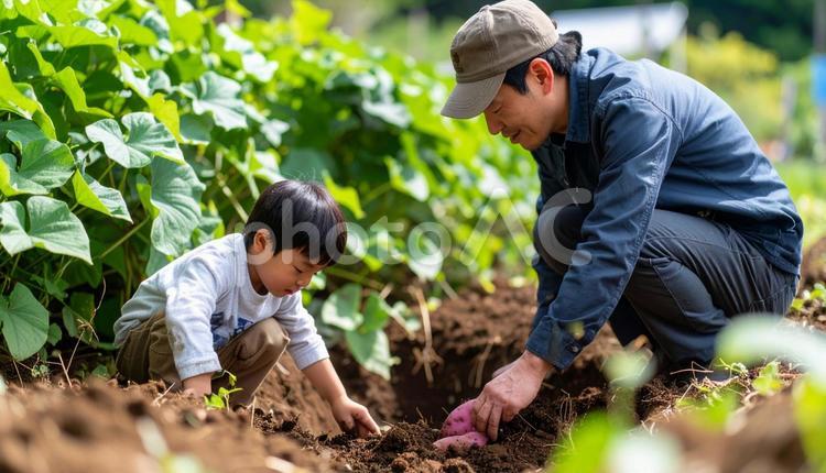 サツマイモ掘りをする親子 サツマイモ,さつまいも,芋の写真素材