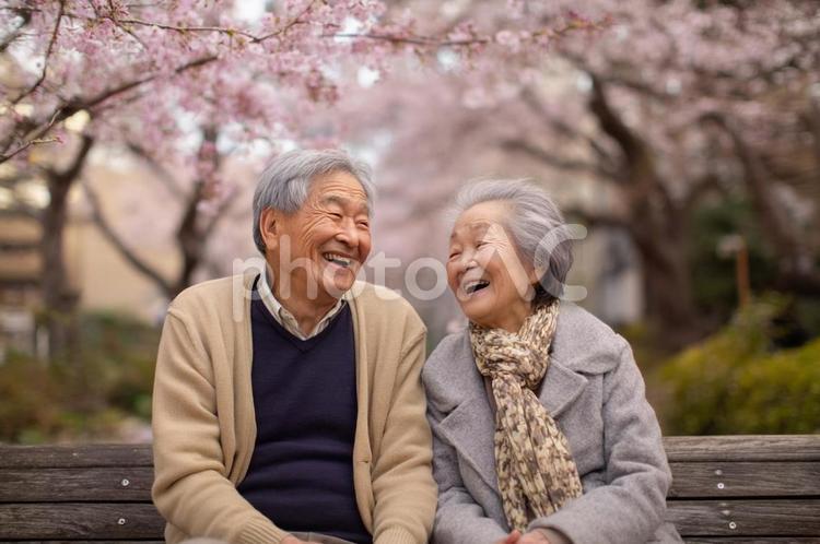 桜の下で笑い合う高齢夫婦・シニアライフ 桜,高齢夫婦,笑顔の写真素材