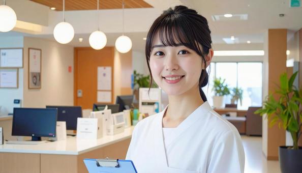 病院の受付をしている笑顔の女性の写真