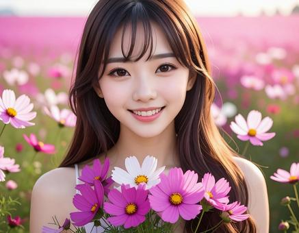 コスモスの花に囲まれて コスモスの花に囲まれての写真