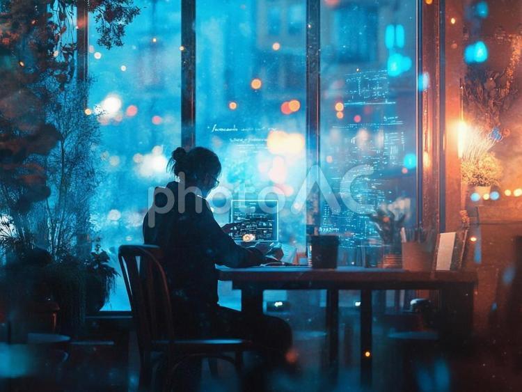 ブルーライトと夜のカフェ 写真,風景,光の写真素材