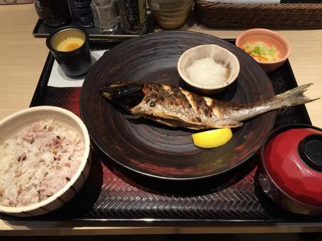 イサキの塩焼き（焼き魚）定食、雑穀米 イサキ,いさき,焼き魚の写真素材