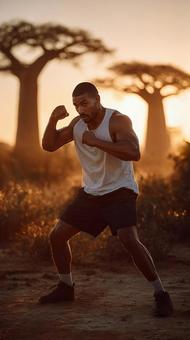 屋外でトレーニングに励む屈強なボクサー 屋外でトレーニングに励む屈強なボクサーの写真