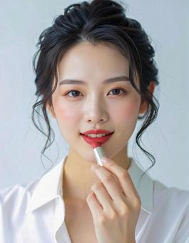 リップを塗る若い女性の美容ポートレートの写真