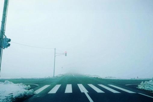 濃霧の交差点 霧,交差点,冬の写真素材