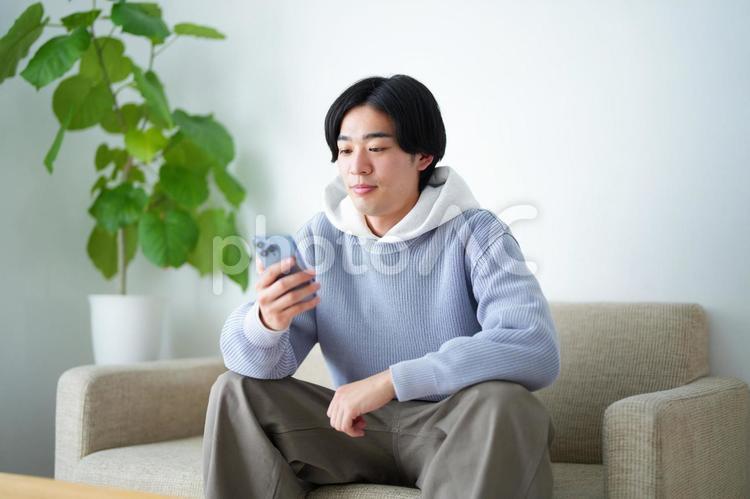 ソファに座ってスマートフォンを使う男性 引っ越し,一人暮らし,男性の写真素材