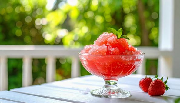 ガラスの器に盛られたかき氷　いちご　夏の写真