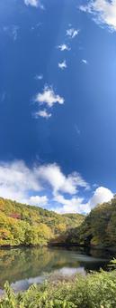 晩秋の大沢の堤の紅葉（パノラマ） 紅葉,大沢の堤,松本市の写真素材