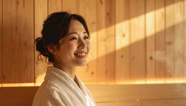 サウナに笑顔で入る日本人女性の横顔 サウナに笑顔で入る日本人女性の横顔の写真