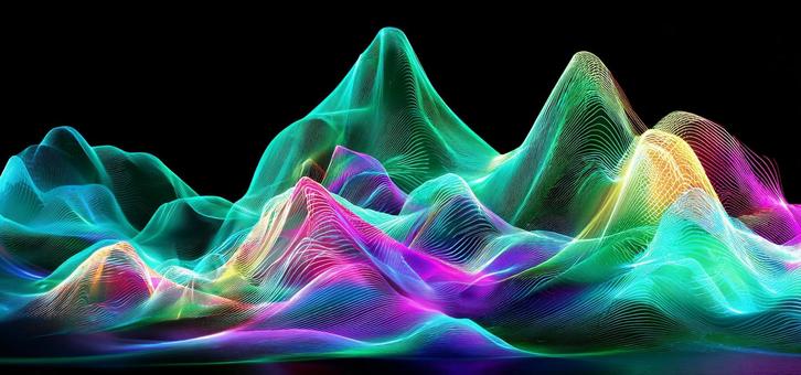 未来的なホログラムの山並み 未来的なホログラムの山並みの写真