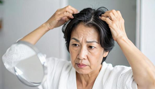 薄毛を気にする中年女性 薄毛を気にする中年女性の写真