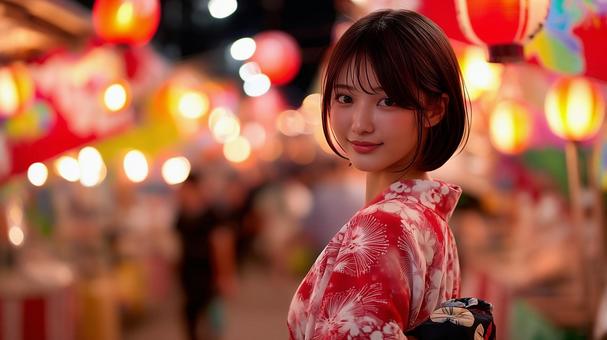 夏祭りを楽しむ浴衣を着た女性の写真