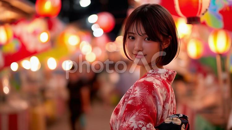夏祭りを楽しむ浴衣を着た女性 夏祭り,浴衣,女性の写真素材