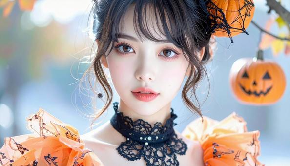 ハロウィンの仮装 女性 オレンジ色ドレス ハロウィンの仮装 女性 オレンジ色ドレスの写真