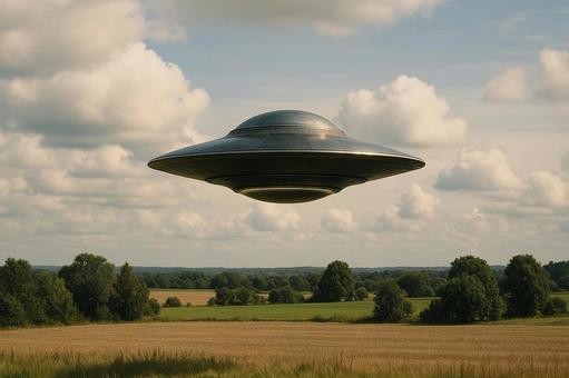 田園地帯の上に浮かぶ未確認飛行物体UFO 田園地帯の上に浮かぶ未確認飛行物体UFOの写真