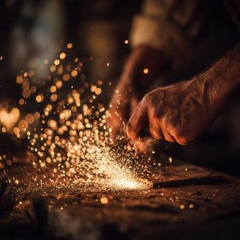 職人が金属加工中に飛び散る火花の瞬間の写真